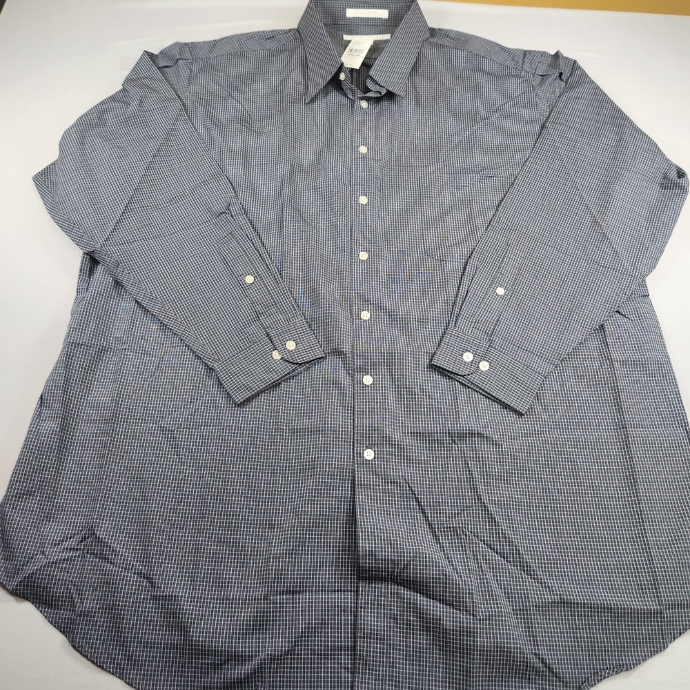 Perry Ellis Long Sleeve Shirt Tall 20 38/39 Black Grid Pattern Dress Shirt NWT